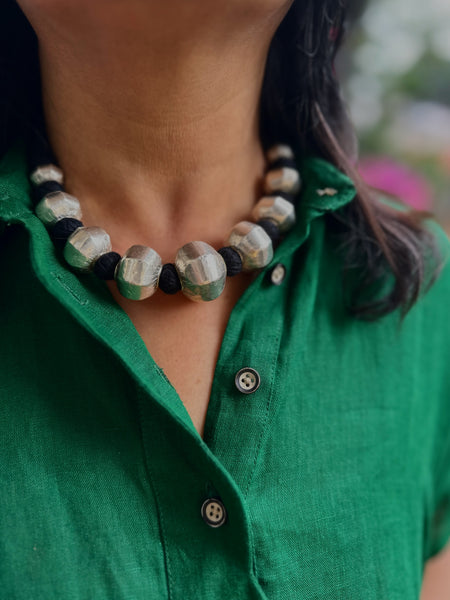 Faceted Dholki Beads Silver Necklace