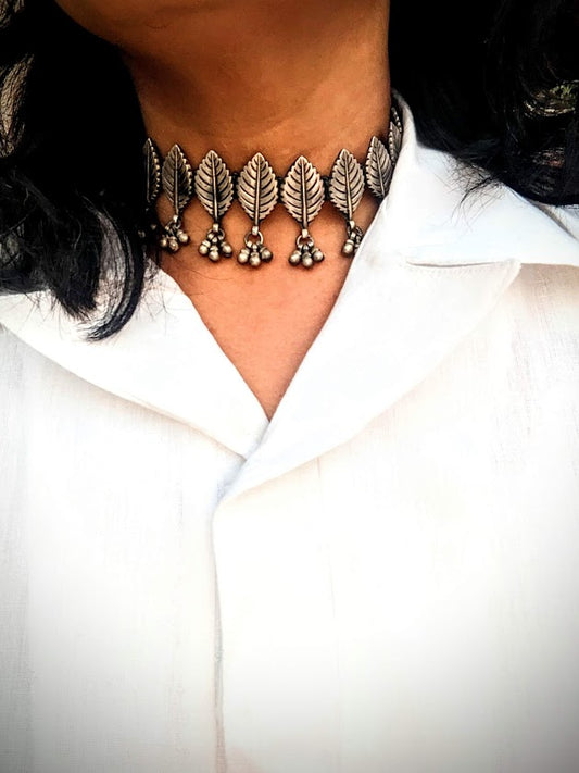 Lavanya-925 Silver Collar Necklace, Boho Statement Necklace-Oxidised silver Indian Thread Jewelry