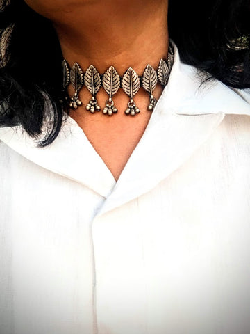 Lavanya-925 Silver Collar Necklace, Boho Statement Necklace-Oxidised silver Indian Thread Jewelry