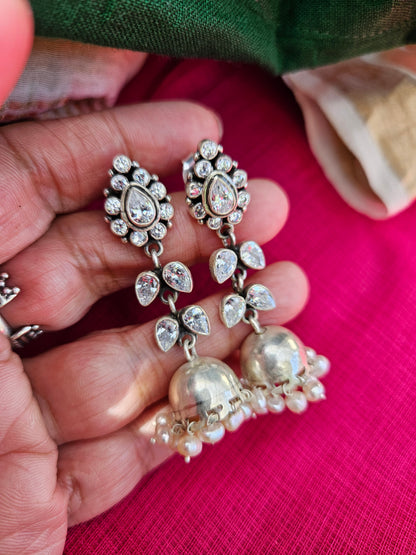 Trisha-925 Sterling Silver Jhumki Earrings with Cubic Zirconia & Pearls, Indian Earrings