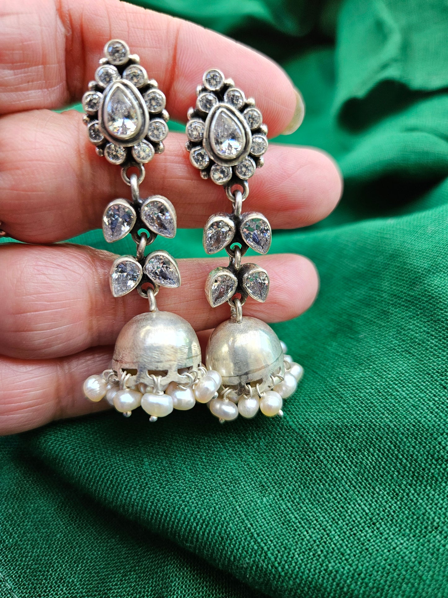Trisha-925 Sterling Silver Jhumki Earrings with Cubic Zirconia & Pearls, Indian Earrings