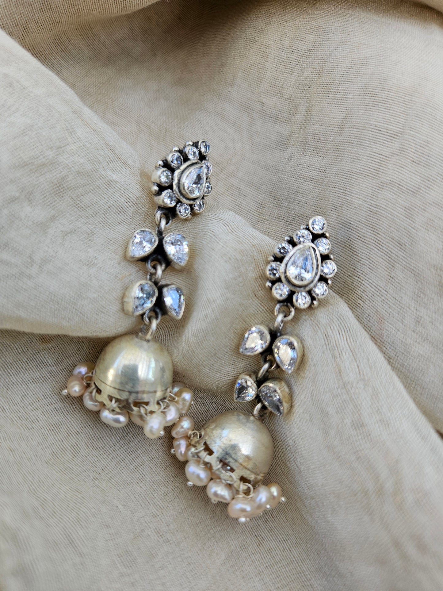 Trisha-925 Sterling Silver Jhumki Earrings with Cubic Zirconia & Pearls, Indian Earrings