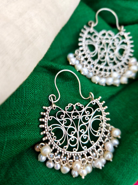 925 Sterling Silver Jaipur inspired Chandbali Hoop with Elegant Pearl Detailing,