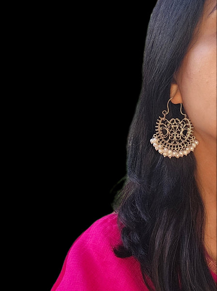 925 Sterling Silver Jaipur inspired Chandbali Hoop with Elegant Pearl Detailing,