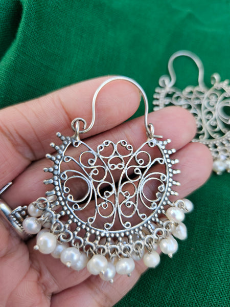 925 Sterling Silver Jaipur inspired Chandbali Hoop with Elegant Pearl Detailing,