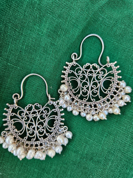 925 Sterling Silver Jaipur inspired Chandbali Hoop with Elegant Pearl Detailing,