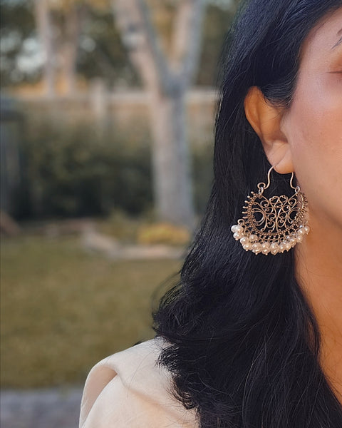 925 Sterling Silver Jaipur inspired Chandbali Hoop with Elegant Pearl Detailing,