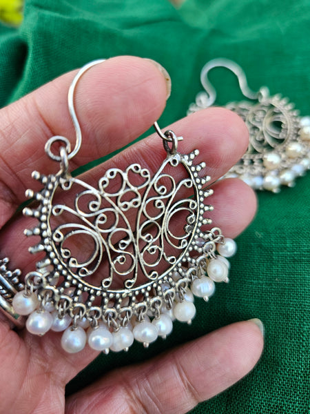 925 Sterling Silver Jaipur inspired Chandbali Hoop with Elegant Pearl Detailing,