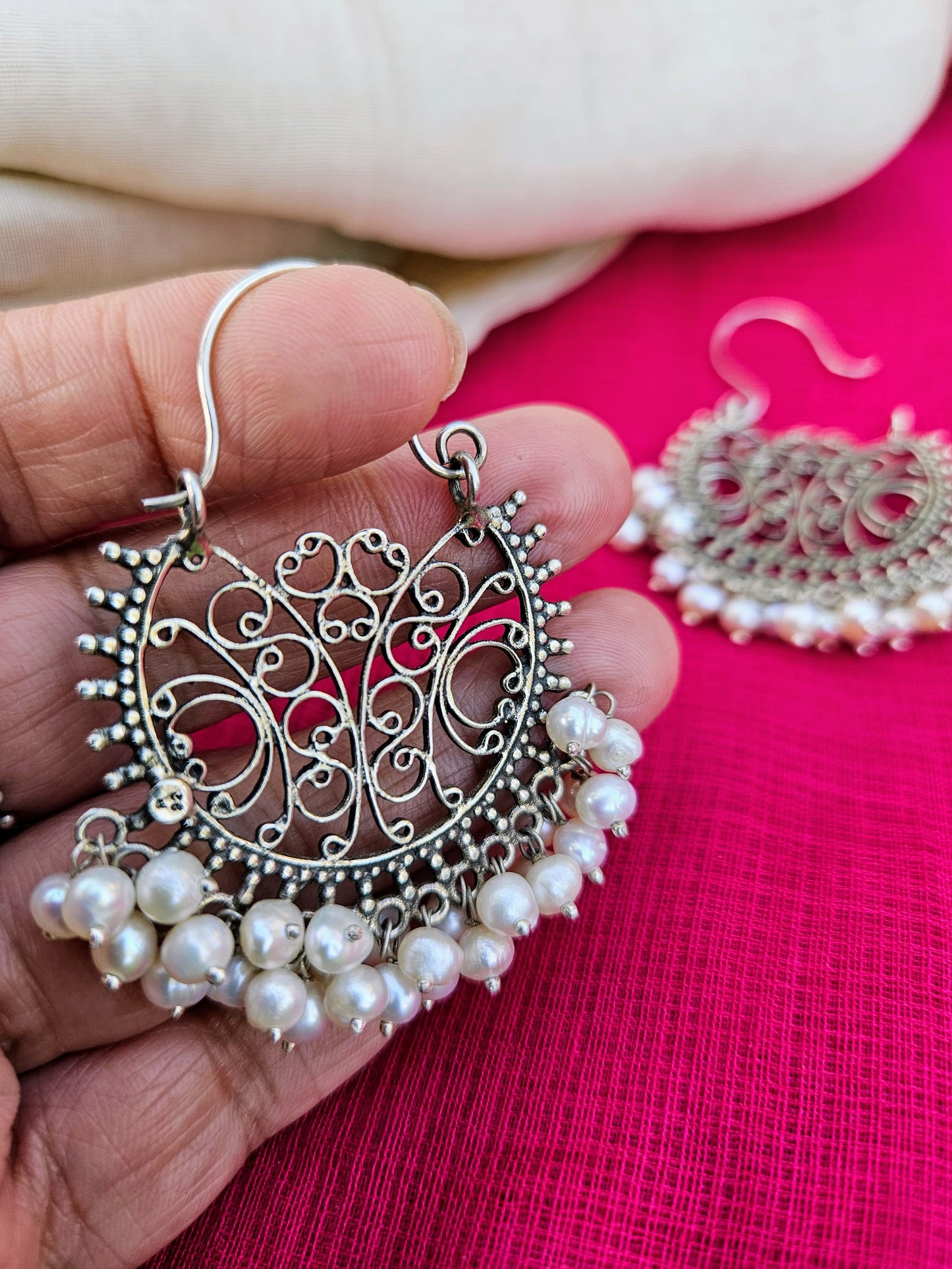 Lata - 925 Sterling Silver Jhumki Earrings with Pearls – Traditional Indian Jewelry,  Ethnic Silver Earrings | Ships from USA