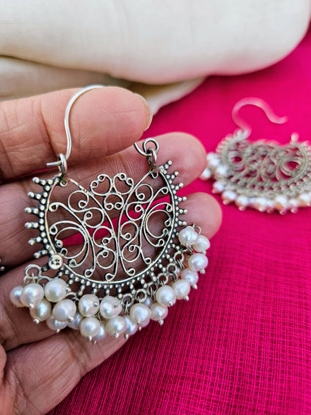 925 Sterling Silver Jaipur inspired Chandbali Hoop with Elegant Pearl Detailing,