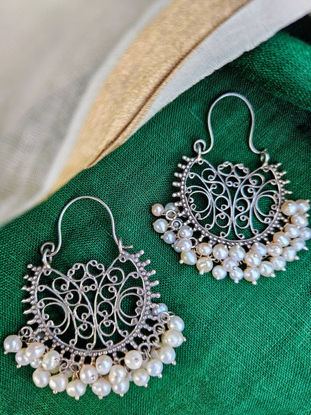 925 Sterling Silver Jaipur inspired Chandbali Hoop with Elegant Pearl Detailing,