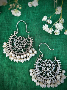 925 Sterling Silver Jaipur inspired Chandbali Hoop with Elegant Pearl Detailing,