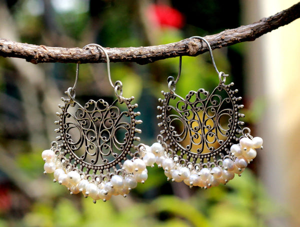 925 Sterling Silver Jaipur inspired Chandbali Hoop with Elegant Pearl Detailing,