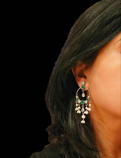 Noor - 925  Sterling Silver Chandelier hoop Earrings, Green Silver Chandelier earrings , Pure Silver Jewelry, Indian Jewelry