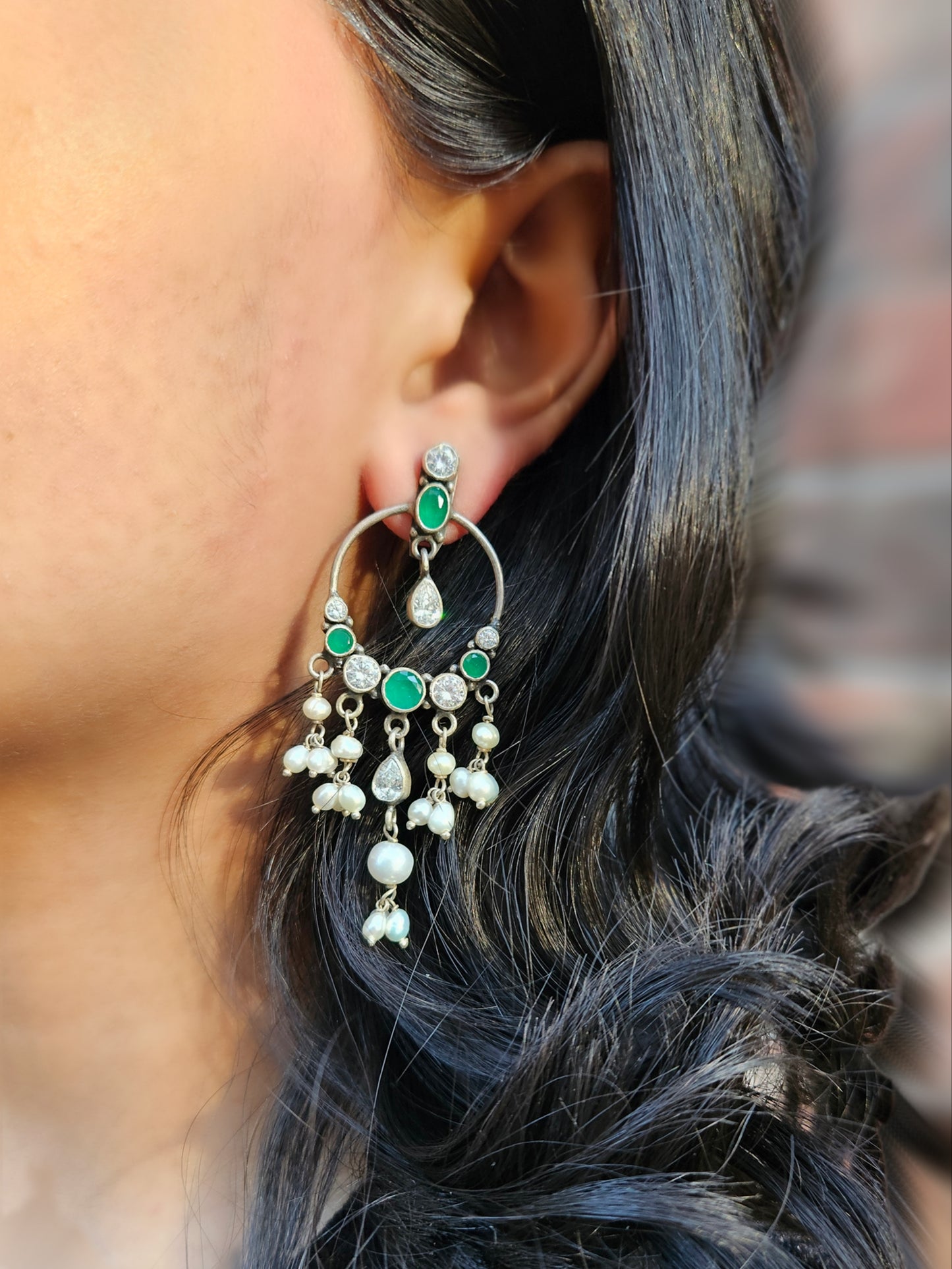 Noor - 925  Sterling Silver Chandelier hoop Earrings, Green Silver Chandelier earrings , Pure Silver Jewelry, Indian Jewelry
