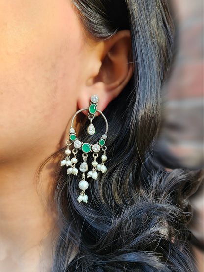 Noor - 925  Sterling Silver Chandelier hoop Earrings, Green Silver Chandelier earrings , Pure Silver Jewelry, Indian Jewelry