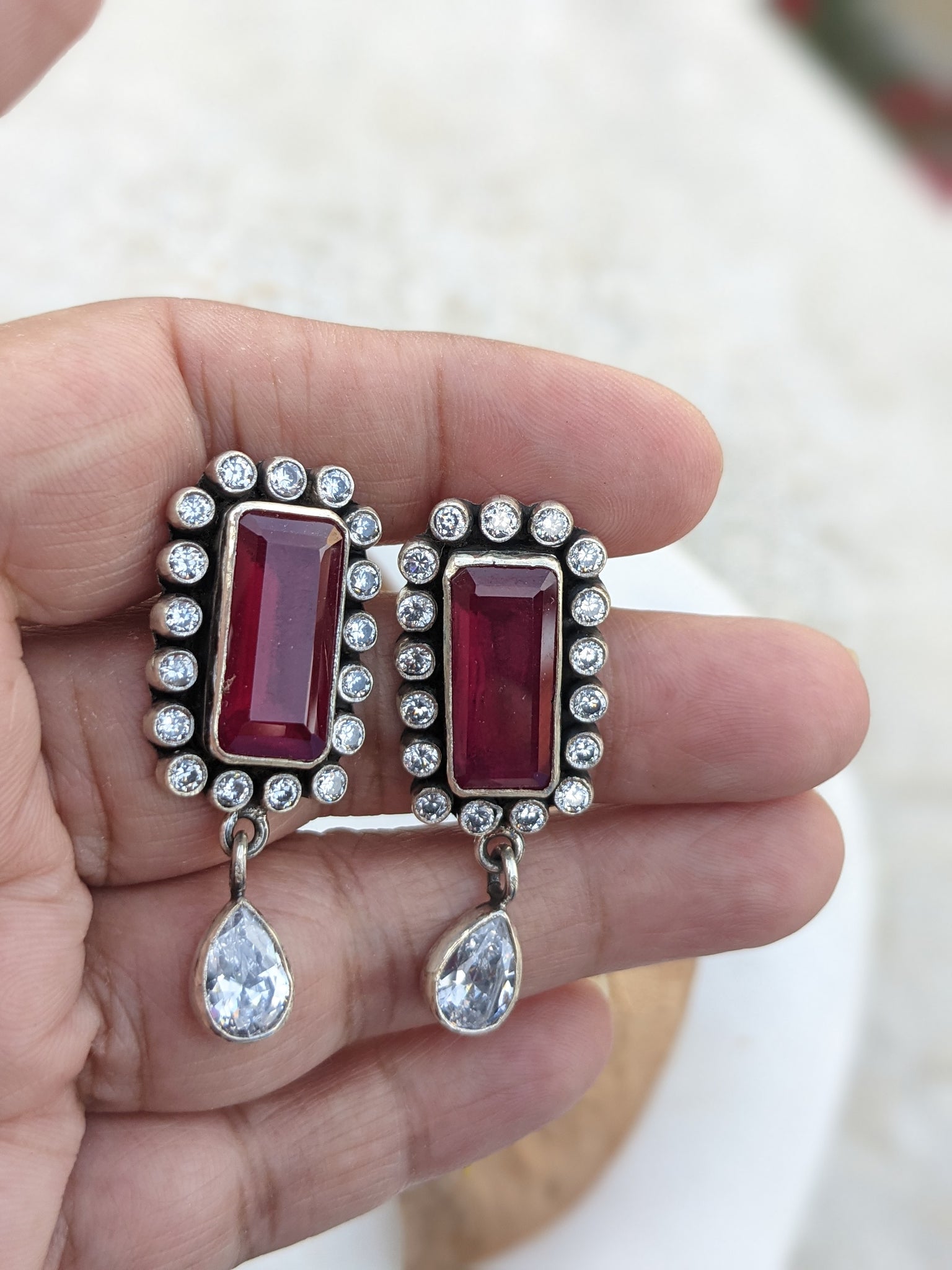 Trisha- Deep Red 925 Sterling Silver  Earring, Indian Handcrafted Silver earring
