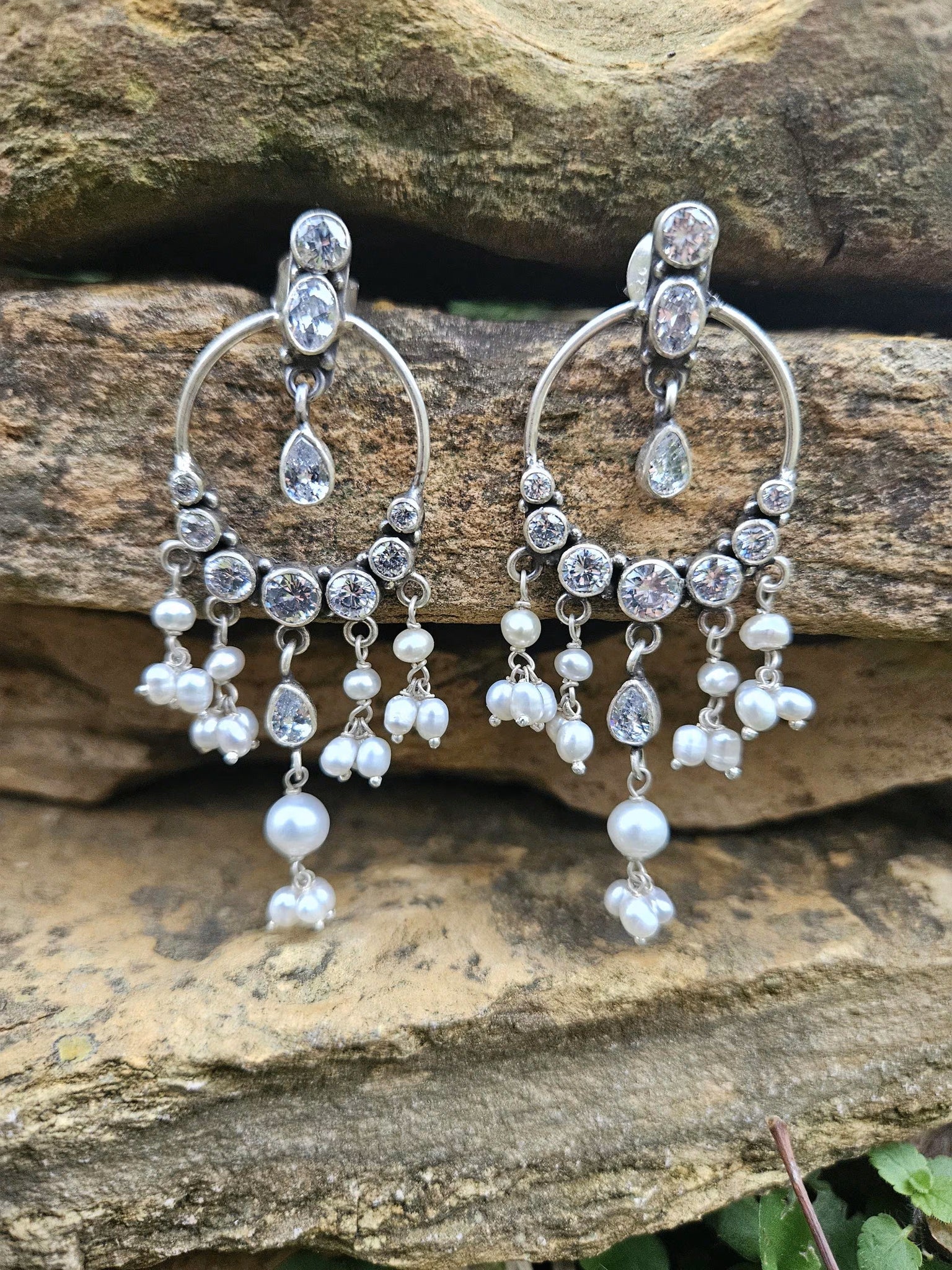 Noor - 925 Sterling Silver Indian Earrings with Pearls & CZ – Handmade Indian Jewelry