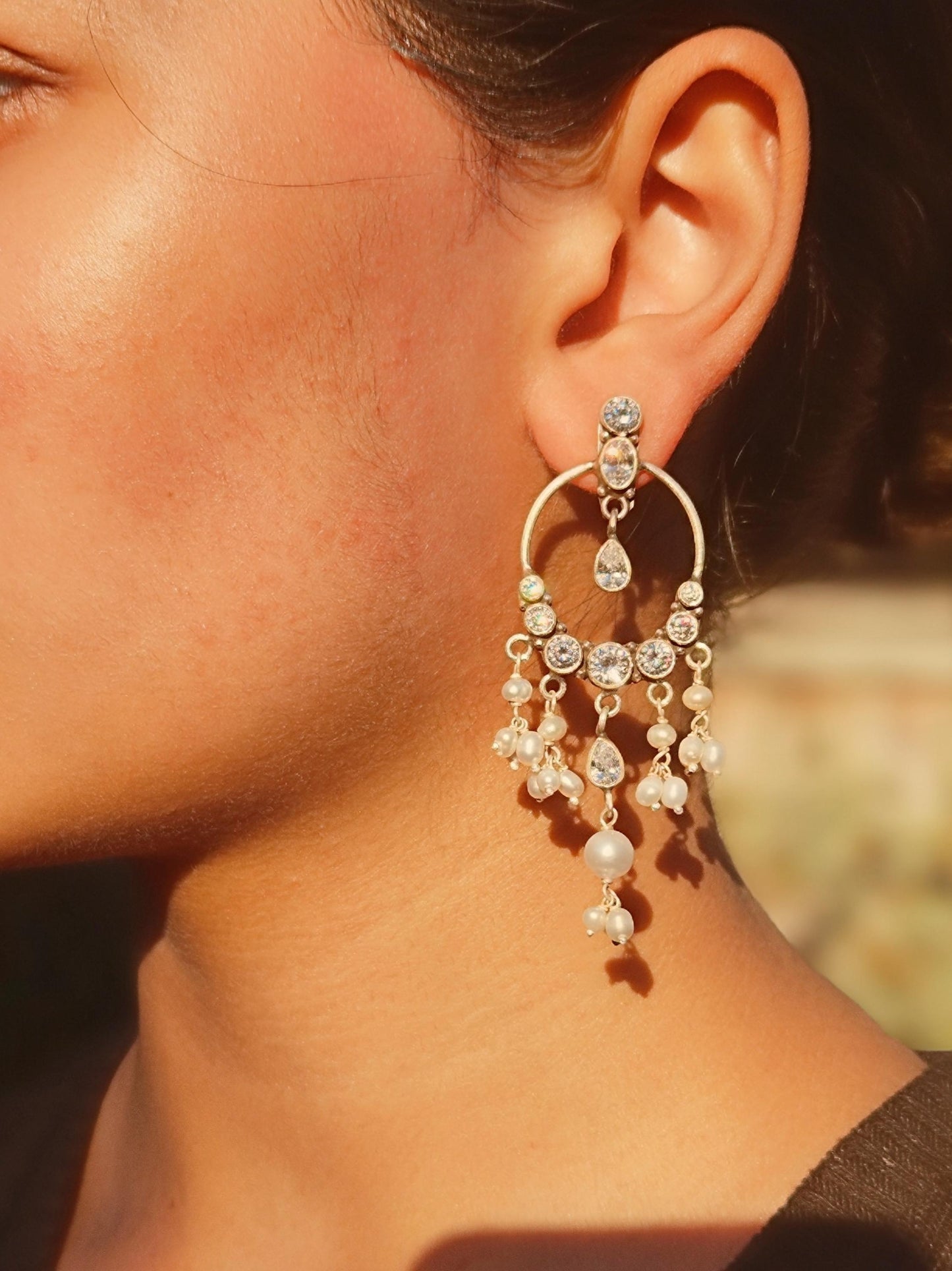 Noor - 925 Sterling Silver Indian Earrings with Pearls & CZ – Handmade Indian Jewelry