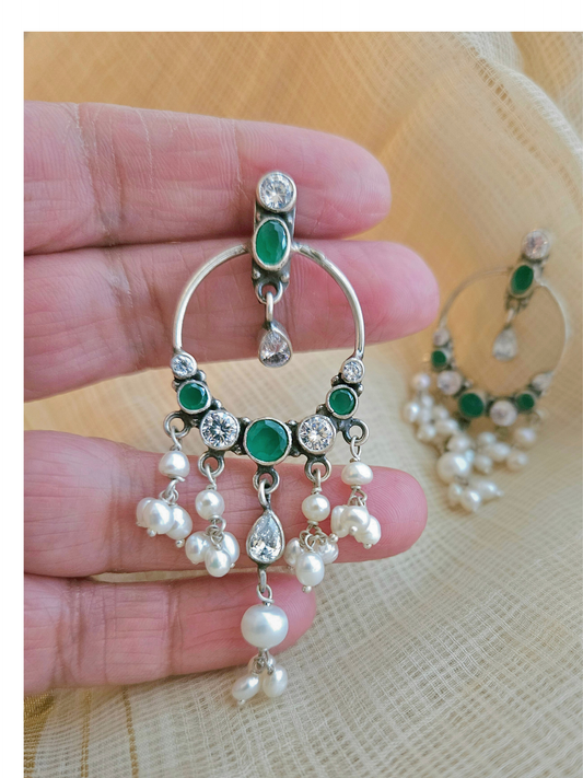 Noor - 925  Sterling Silver Chandelier hoop Earrings, Green Silver Chandelier earrings , Pure Silver Jewelry, Indian Jewelry