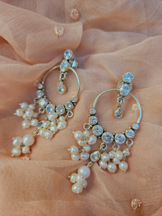 Noor - 925 Sterling Silver Indian Earrings with Pearls & CZ – Handmade Indian Jewelry