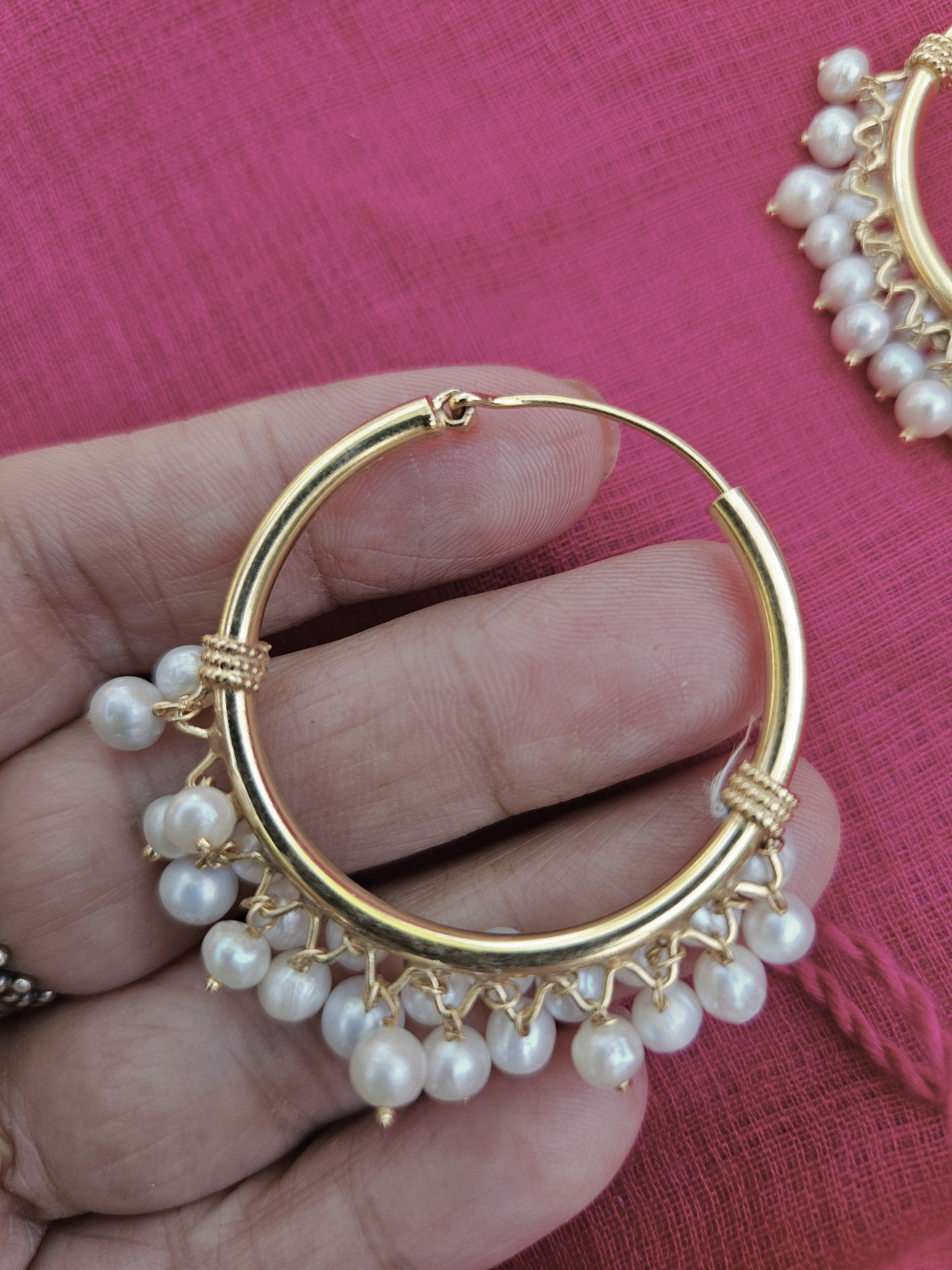 Silver Hoop/Bali with gold polish and freshwater pearls