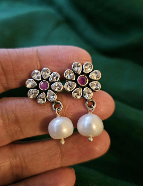 Floral stud of cubic zirconia gemstones with drop of pearl. Handcrafted sterling silver  Indian earring.