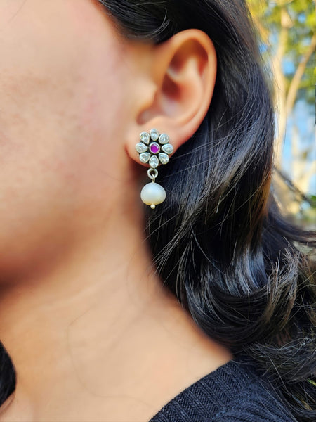 Floral stud of cubic zirconia gemstones with drop of pearl. Handcrafted sterling silver  Indian earring.