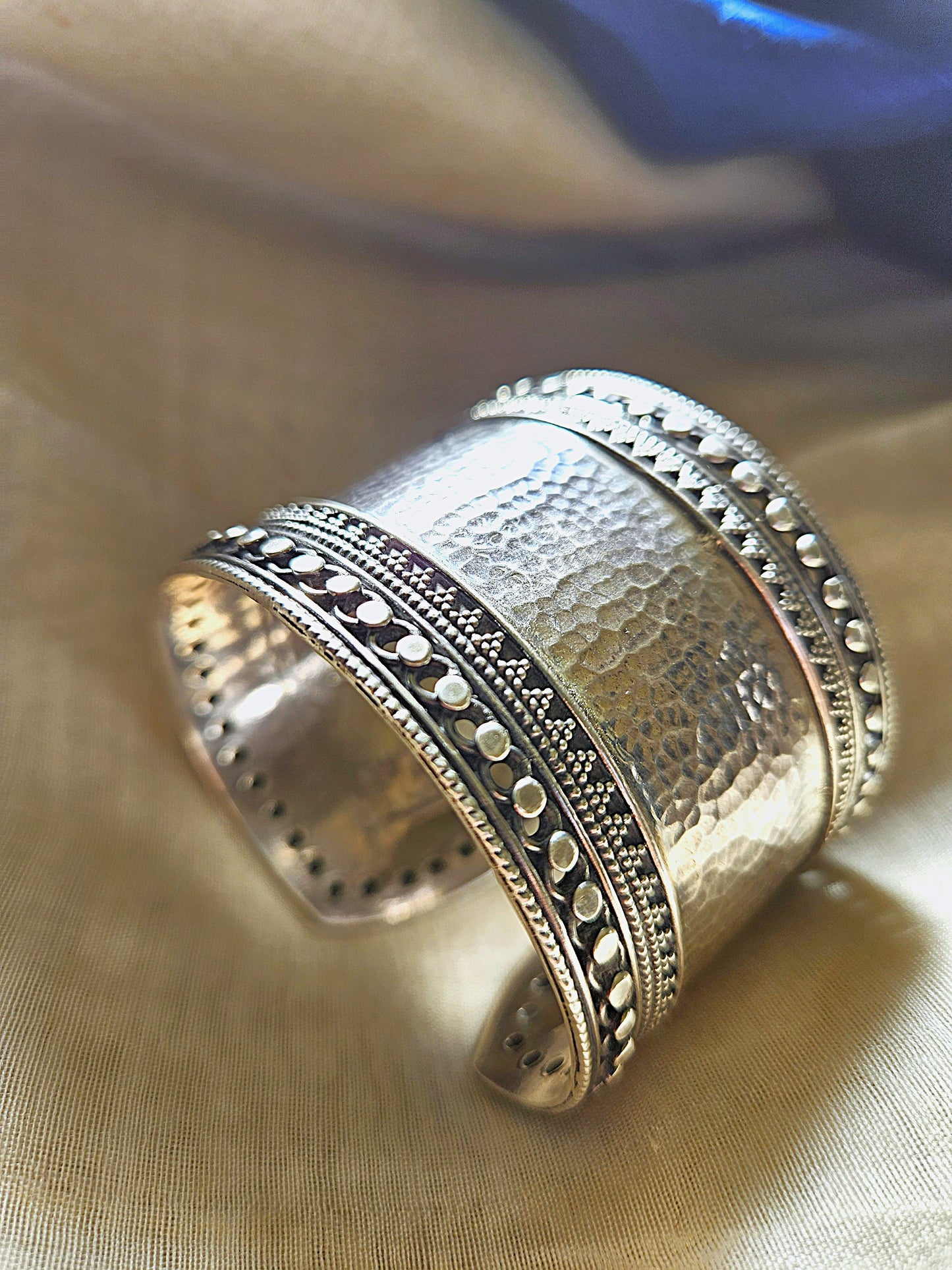 925 Sterling Silver Wide Cuff Bracelet,Hammered Silver Open Ended Statement Cuff