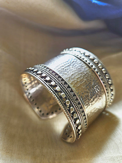 925 Sterling Silver Wide Cuff Bracelet,Hammered Silver Open Ended Statement Cuff
