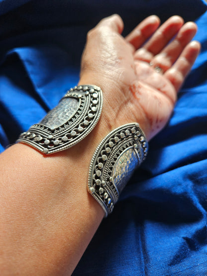 925 Sterling Silver Wide Cuff Bracelet,Hammered Silver Open Ended Statement Cuff