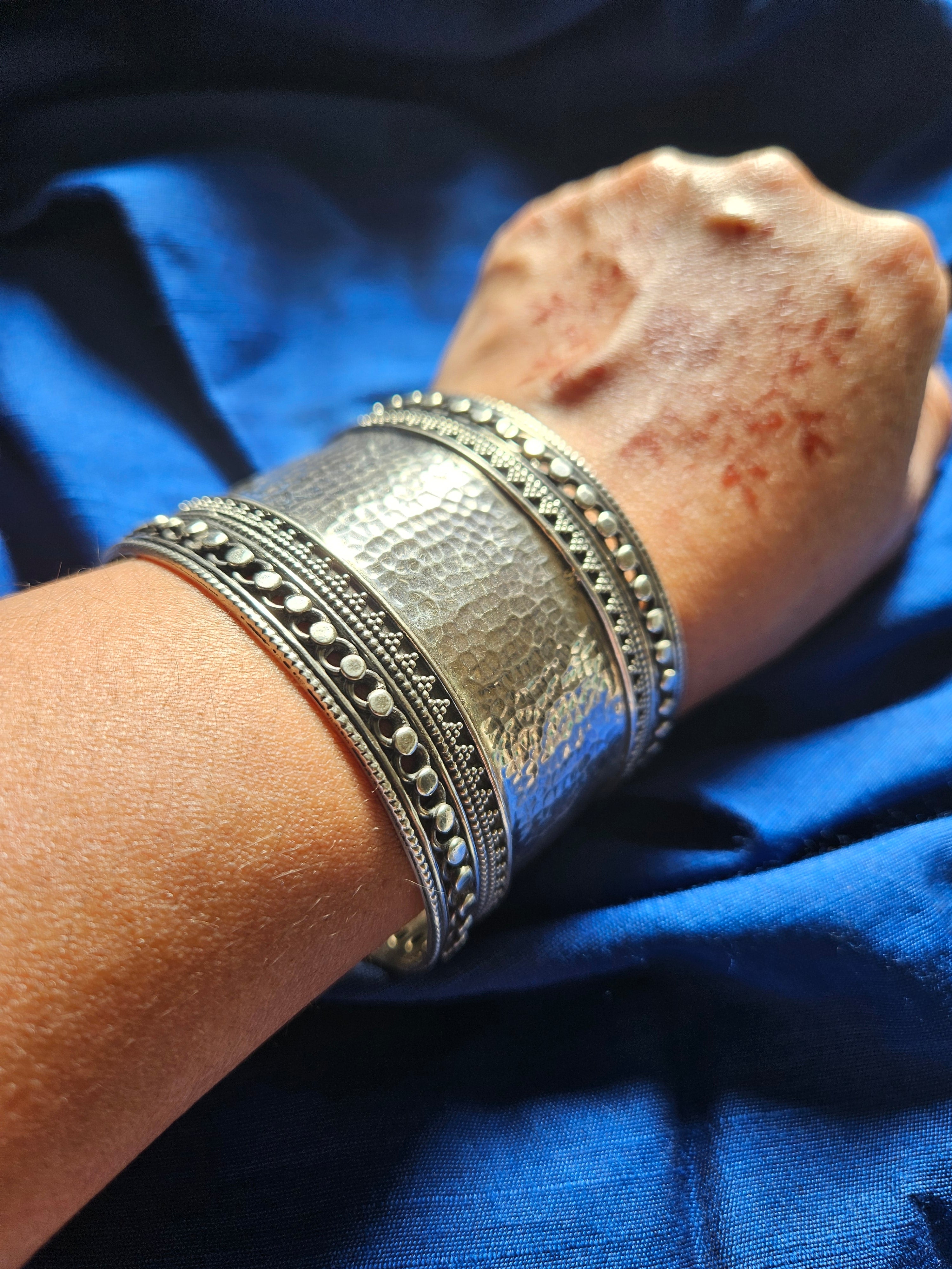 925 Sterling Silver Wide Cuff Bracelet,Hammered Silver Open Ended