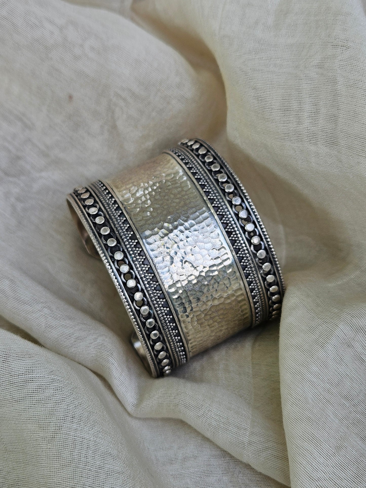 925 Sterling Silver Wide Cuff Bracelet,Hammered Silver Open Ended Statement Cuff
