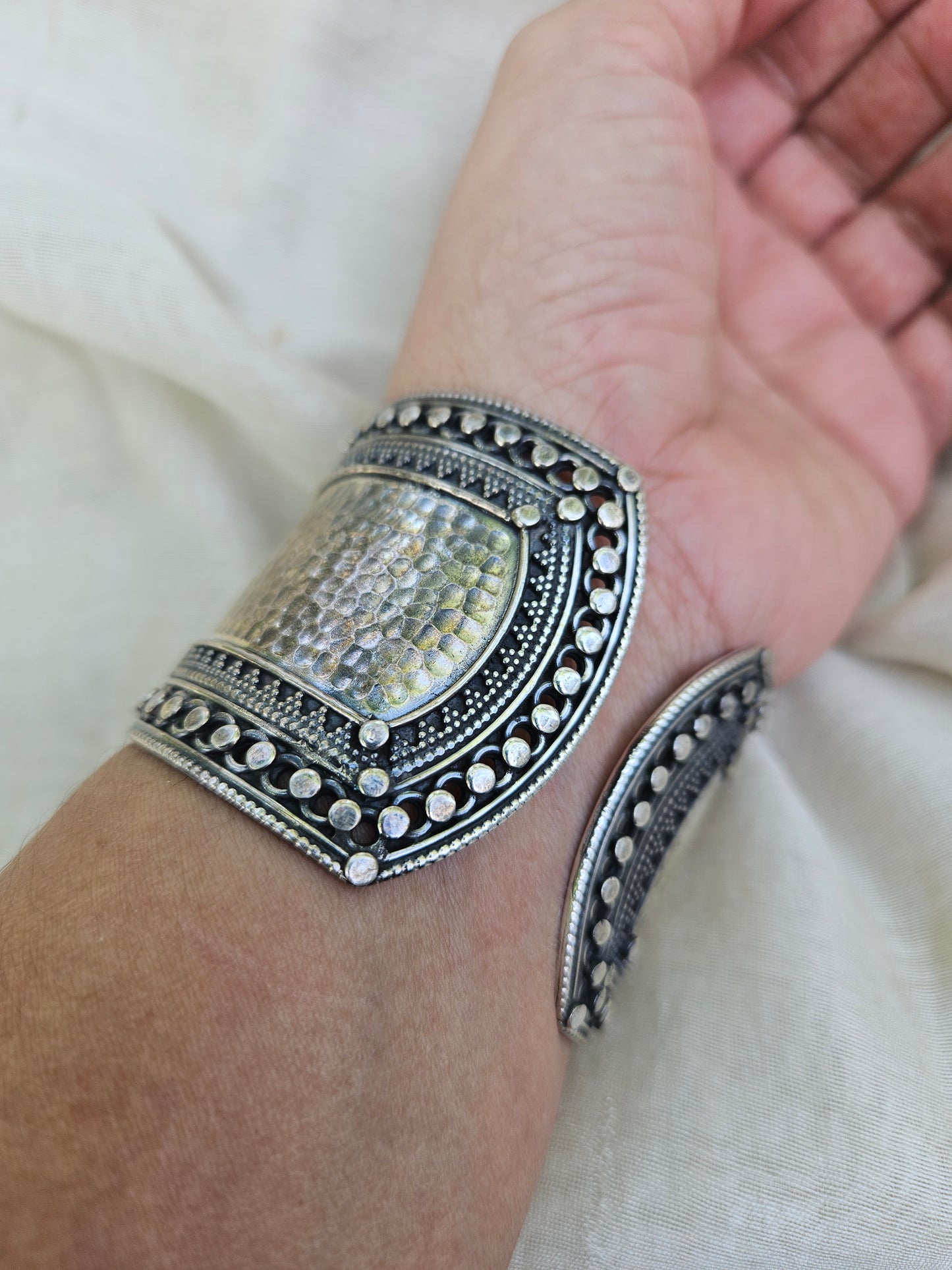 925 Sterling Silver Wide Cuff Bracelet,Hammered Silver Open Ended Statement Cuff