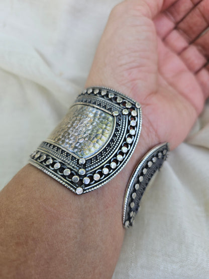 925 Sterling Silver Wide Cuff Bracelet,Hammered Silver Open Ended Statement Cuff