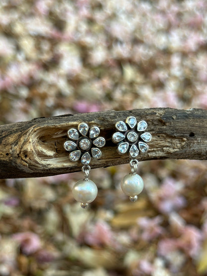 Kanti - Floral 925 Sterling Silver earring with cubic Zirconia and pearl drop