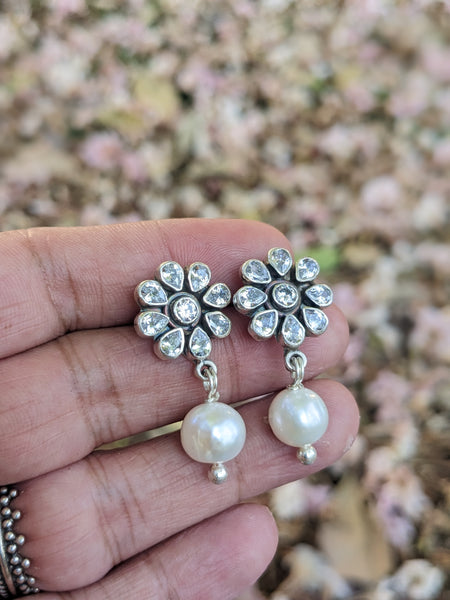 Kanti - Floral 925 Sterling Silver earring with cubic Zirconia and pearl drop