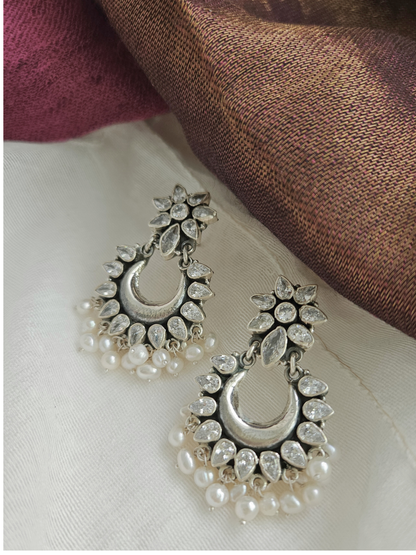 Chandbali  Silver Zircon Earrings, Indian 925 Silver Earring