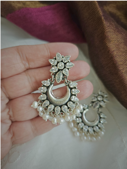 Chandbali  Silver Zircon Earrings, Indian 925 Silver Earring