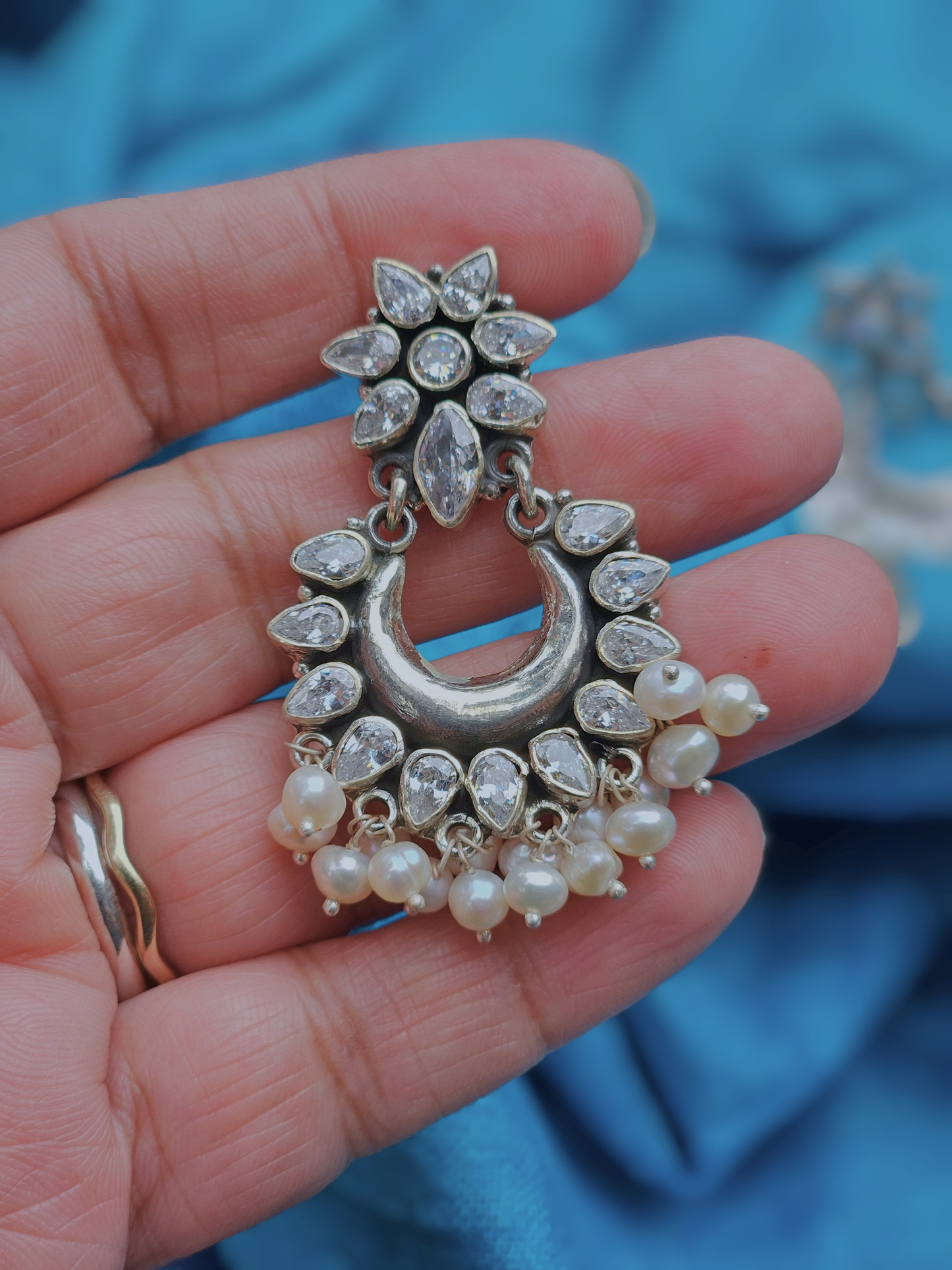 Chandbali  Silver Zircon Earrings, Indian 925 Silver Earring