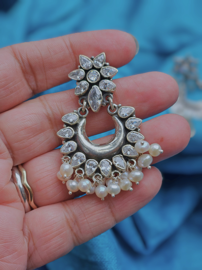 Chandbali  Silver Zircon Earrings, Indian 925 Silver Earring