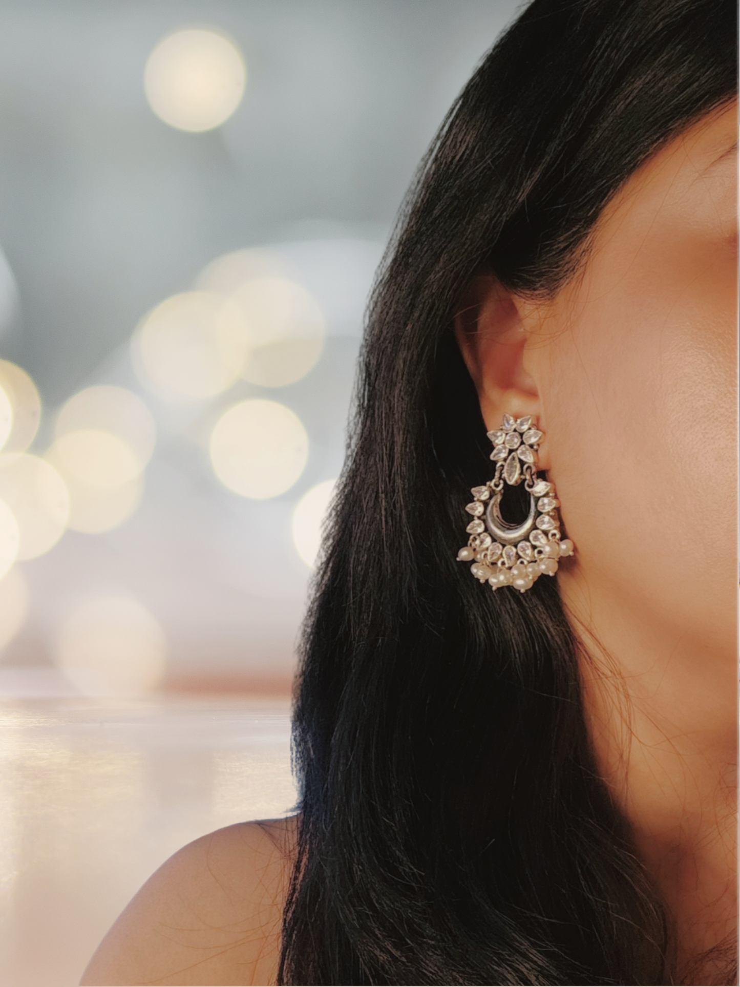 Chandbali  Silver Zircon Earrings, Indian 925 Silver Earring