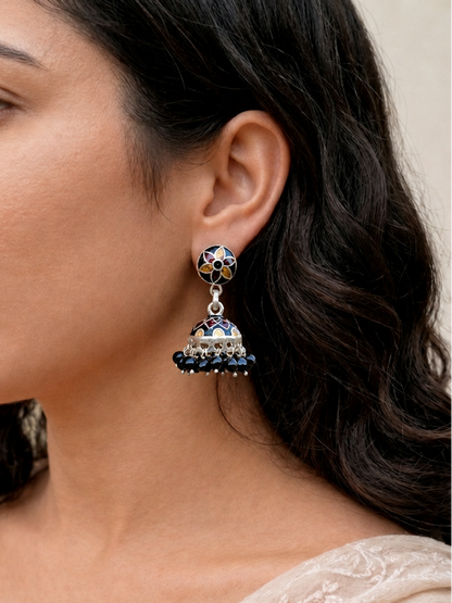 Silver Jhumka Earrings, 925 Sterling Silver small Jhumka with Enamel work