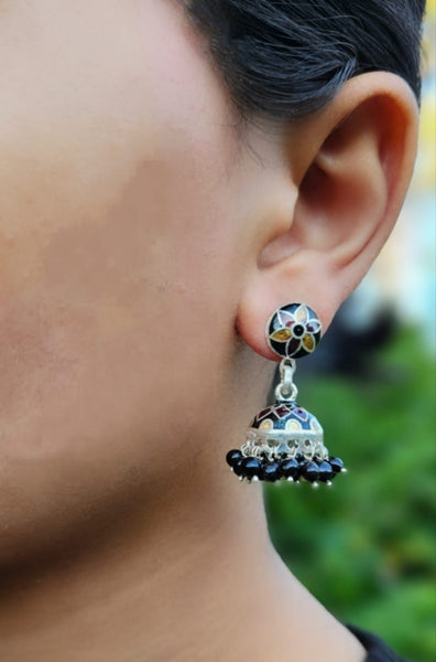 Silver Jhumka Earrings, 925 Sterling Silver small Jhumka with Enamel work