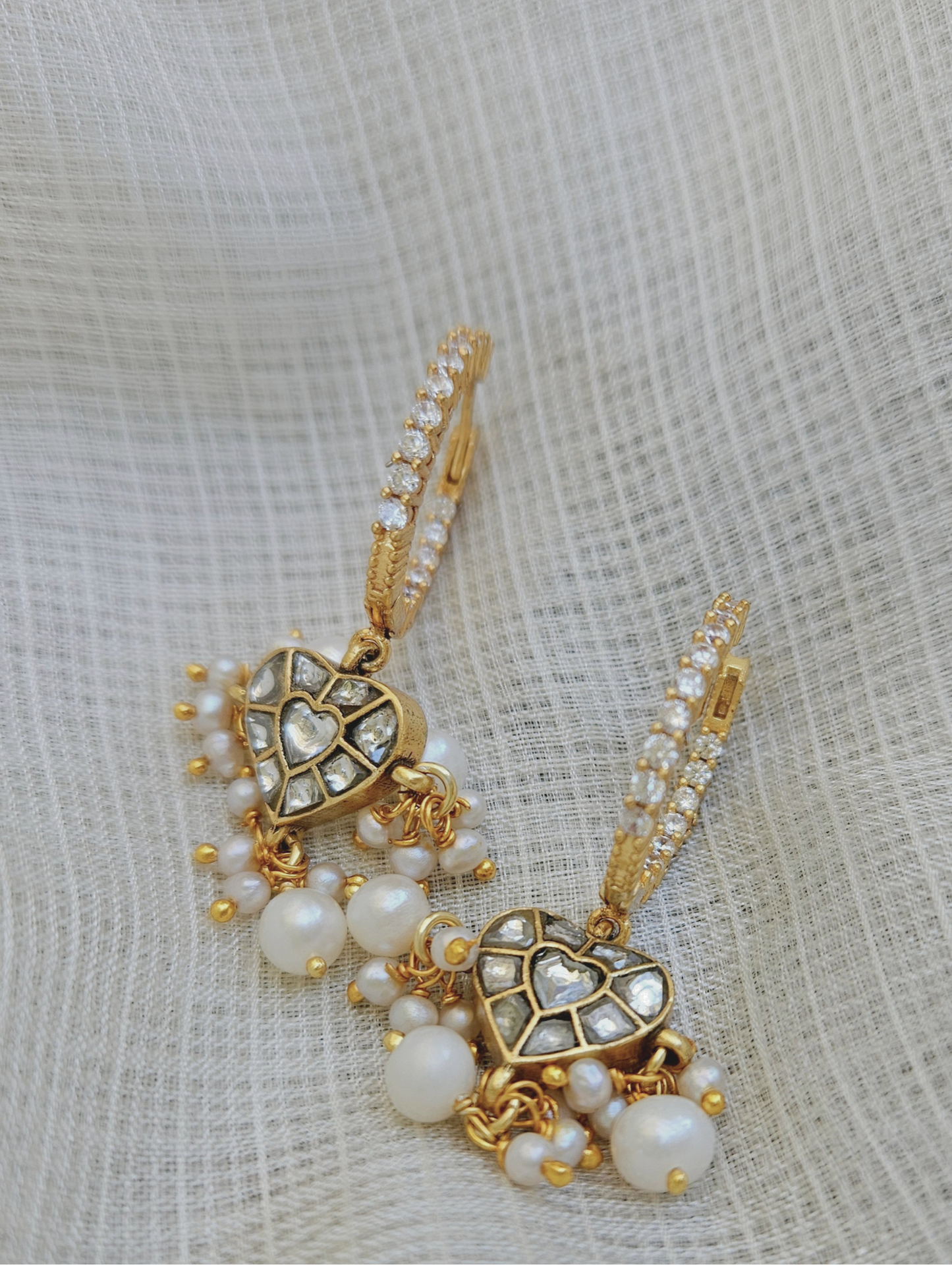Kaner - Gold plated sterling silver kundan Earring, Gold Plated Silver pearl and kundan Chandbali, Indian Gold Earring