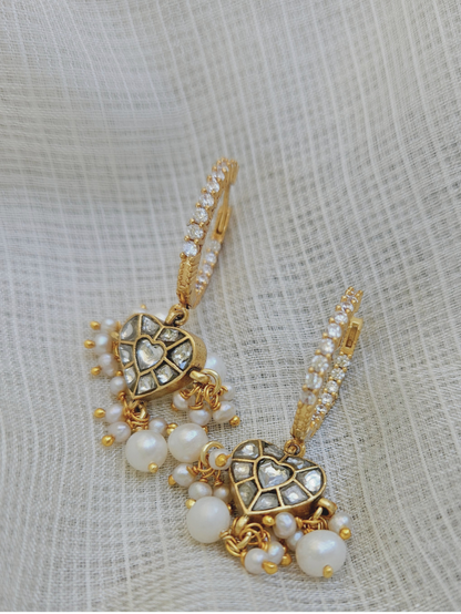 Kaner - Gold plated sterling silver kundan Earring, Gold Plated Silver pearl and kundan Chandbali, Indian Gold Earring