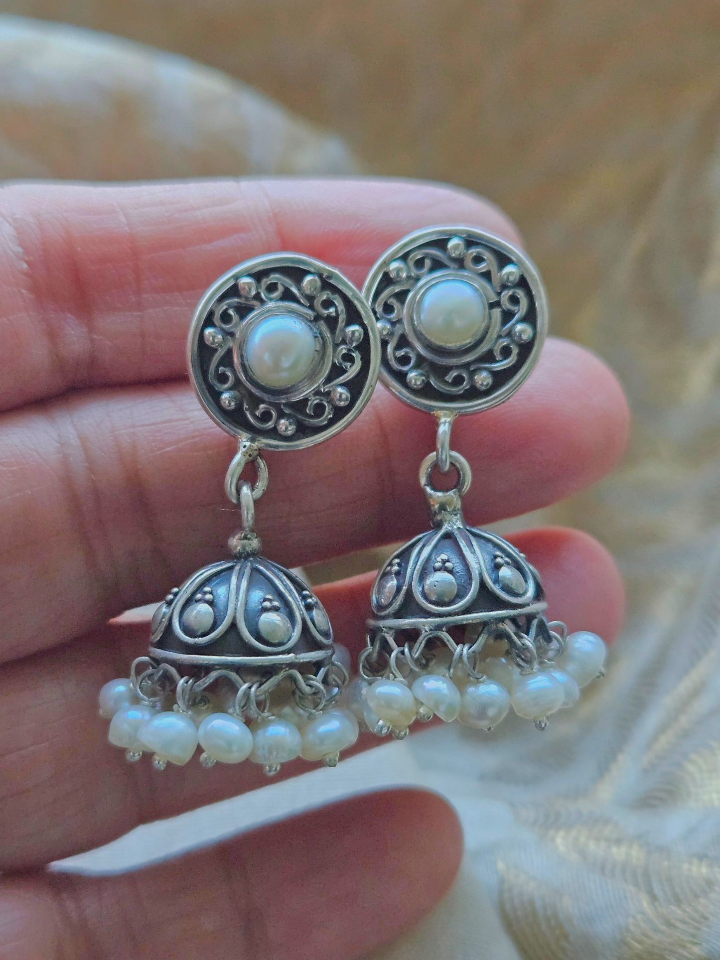 Silver Jhumka Earrings, 925 silver jhumka with pearl