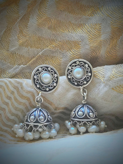 Silver Jhumka Earrings, 925 silver jhumka with pearl