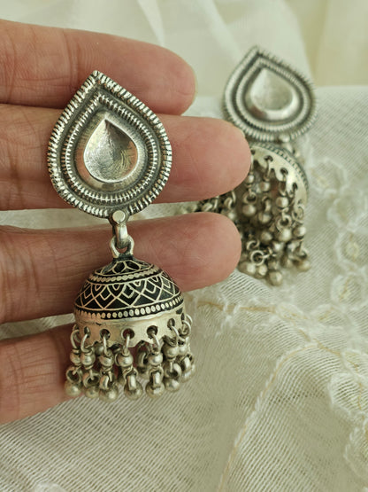 92.5 Silver Jhumka Earrings | Handcrafted Indian Silver Jewelry | Black Silver Jhumka Earrings