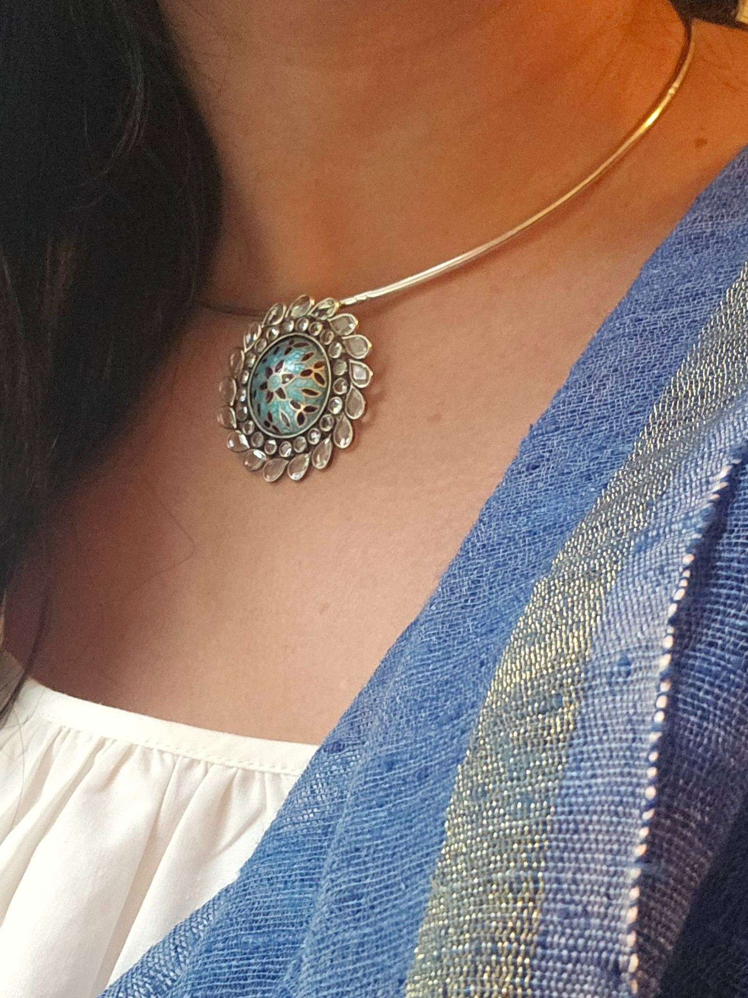 Sterling Silver hasli necklace with meenakari pendant and earring